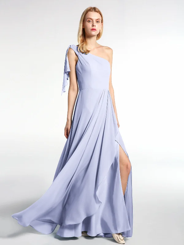 One Shoulder Chiffon Maxi Dress with Cascade-Lavender Classic V-Neck Maxi Dress