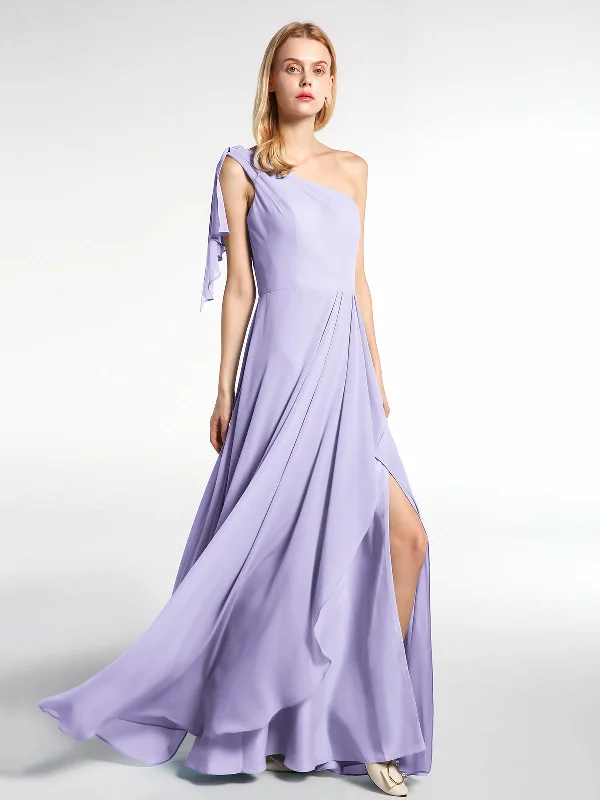 One Shoulder Chiffon Maxi Dress with Cascade-Lilac Fashionable Button-Down Maxi Dress