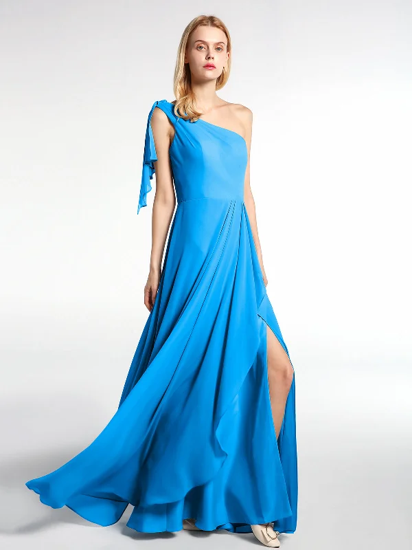 One Shoulder Chiffon Maxi Dress with Cascade-Ocean Blue Chic Sleeveless Maxi Dress