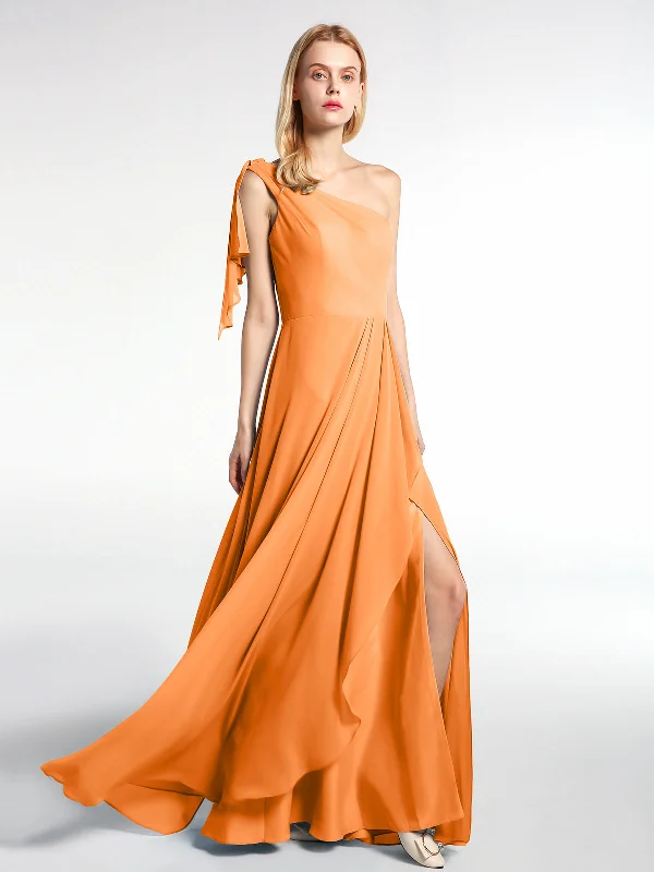 One Shoulder Chiffon Maxi Dress with Cascade-Orange Comfortable Satin Maxi Dress