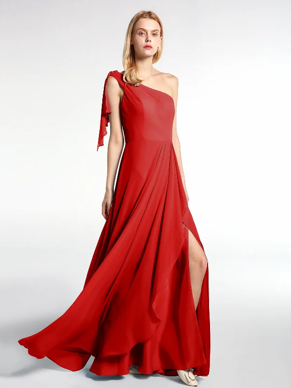 One Shoulder Chiffon Maxi Dress with Cascade-Red Classic Tulle Maxi Dress