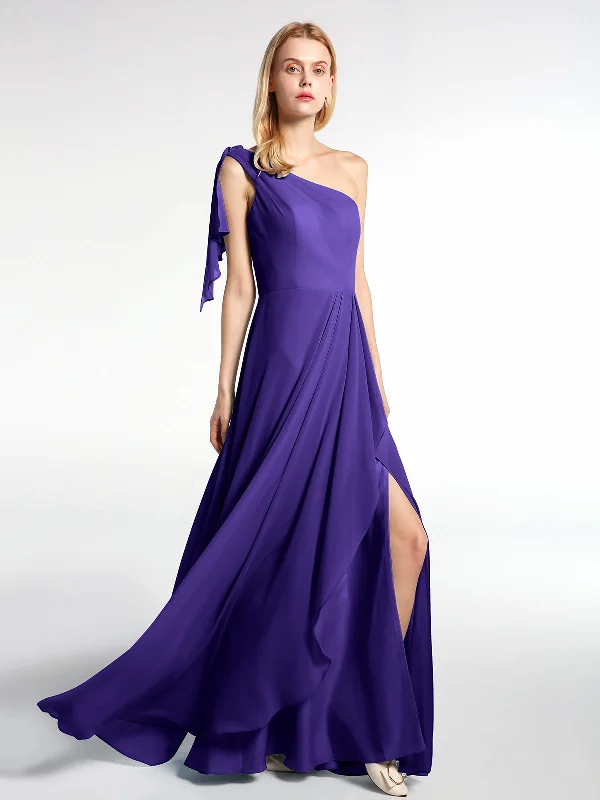 One Shoulder Chiffon Maxi Dress with Cascade-Regency Trendy Button Front Maxi Dress