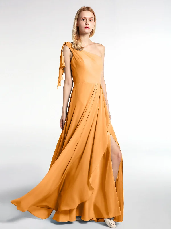 One Shoulder Chiffon Maxi Dress with Cascade-Tangerine Stylish Button-Up Maxi Dress