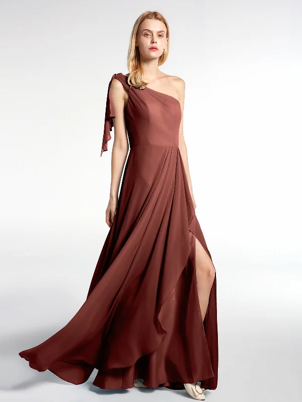 One Shoulder Chiffon Maxi Dress with Cascade-Terracotta Comfortable Plunging Neckline Maxi Dress