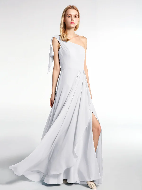 One Shoulder Chiffon Maxi Dress with Cascade-White Comfortable T-Shirt Maxi Dress