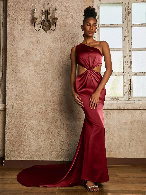 One Shoulder Ruched Waist Cut-Out Maxi Dress Burgundy Fashionable Chiffon Tiered Maxi Dress