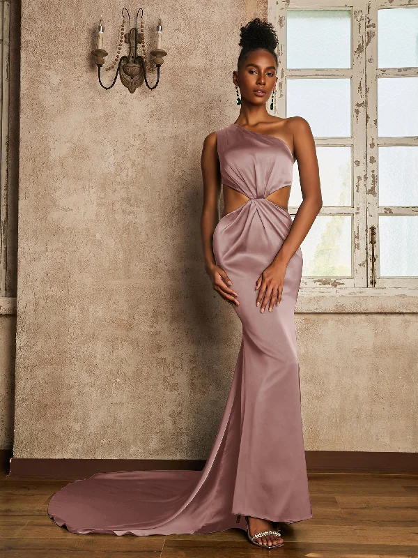 One Shoulder Ruched Waist Cut-Out Maxi Dress Dusty Rose Fashionable Chiffon Maxi Dress