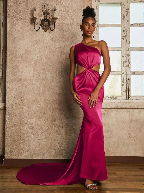 One Shoulder Ruched Waist Cut-Out Maxi Dress Fuchsia Trendy Maxi Dress with Bow