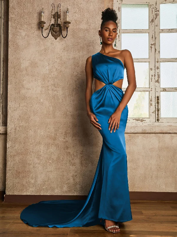 One Shoulder Ruched Waist Cut-Out Maxi Dress Ocean Blue Stylish A-Line Maxi Dress