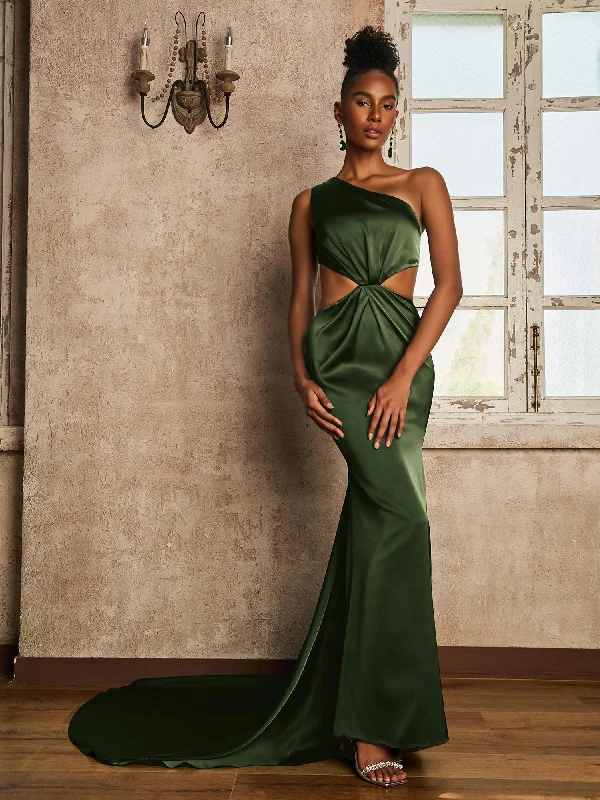 One Shoulder Ruched Waist Cut-Out Maxi Dress Olive Green Cozy Maxi Dress with Slit