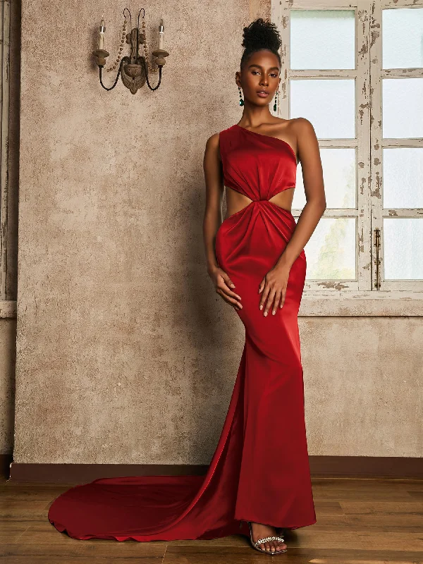 One Shoulder Ruched Waist Cut-Out Maxi Dress Red Fashionable Open-Back Maxi Dress