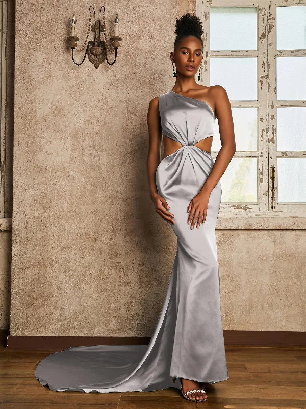 One Shoulder Ruched Waist Cut-Out Maxi Dress Silver Fashionable Button-Down Maxi Dress