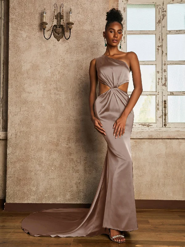 One Shoulder Ruched Waist Cut-Out Maxi Dress Taupe Elegant Sleeveless Maxi Dress