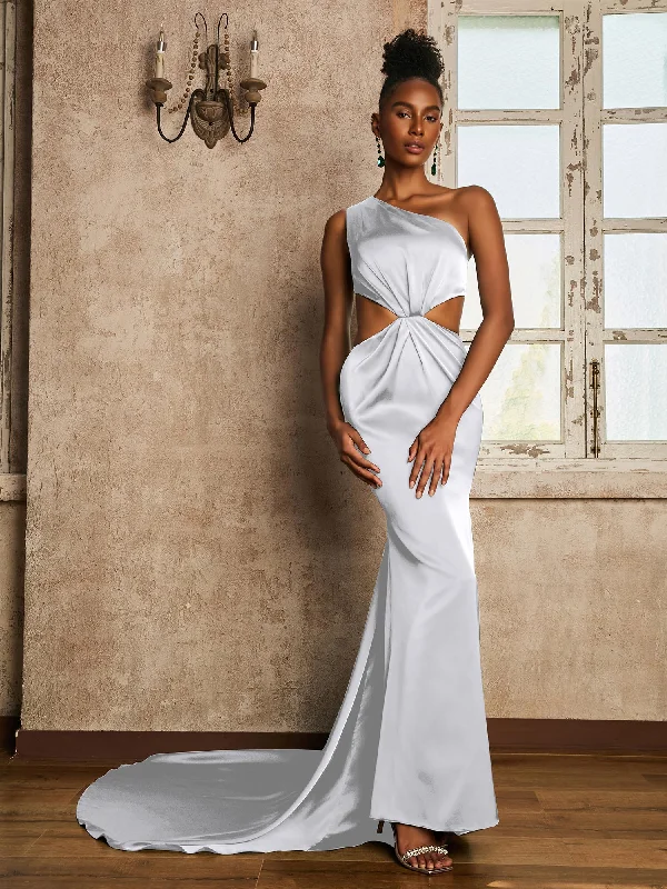 One Shoulder Ruched Waist Cut-Out Maxi Dress White Elegant Maxi Dress with Pockets