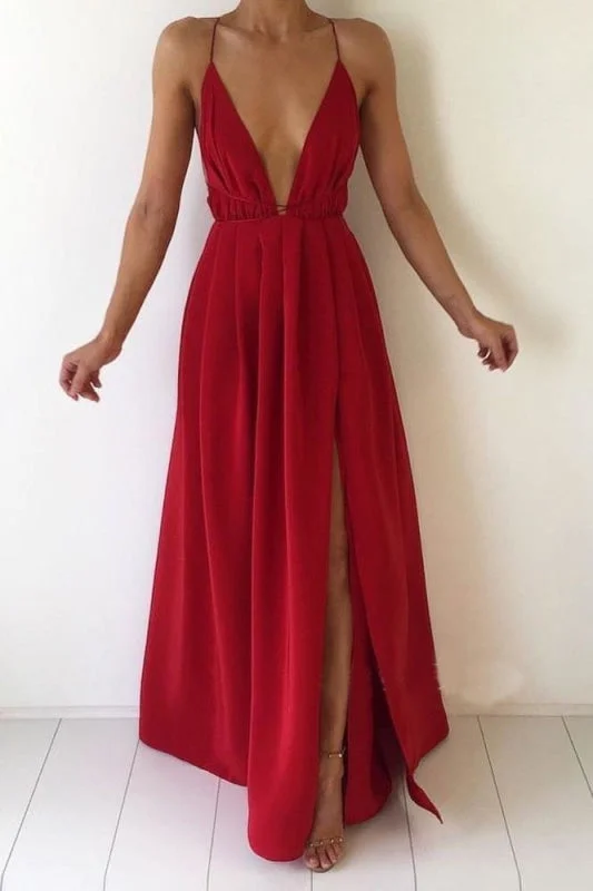 Red Deep V-neck Chiffon Backless Prom with Slit Sexy Evening Dresses Maxi Dress Stylish Empire Waist Maxi Dress