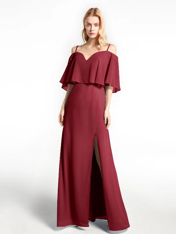 Ruffled Cold Shoulder Maxi Dress with Flounce Overlay Burgundy Elegant Maxi Dress with Slit