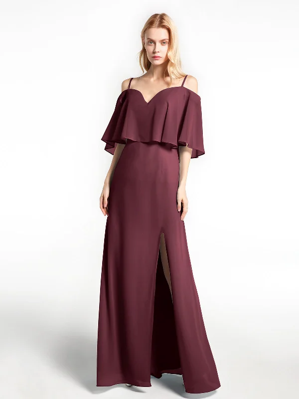 Ruffled Cold Shoulder Maxi Dress with Flounce Overlay Cabernet Elegant Maxi Dress with Belt