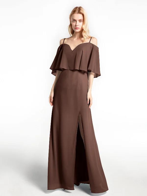 Ruffled Cold Shoulder Maxi Dress with Flounce Overlay Chocolate Elegant Floral Maxi Dress