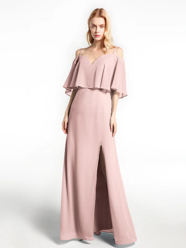 Ruffled Cold Shoulder Maxi Dress with Flounce Overlay Dusty Rose Trendy Maxi Dress with Lace