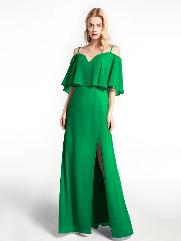 Ruffled Cold Shoulder Maxi Dress with Flounce Overlay Emerald Stylish Off-Shoulder Maxi Dress