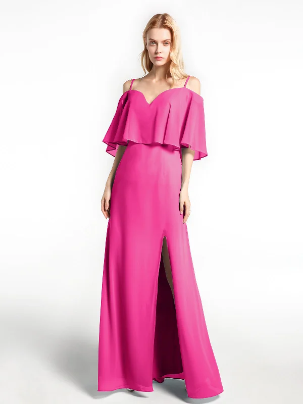 Ruffled Cold Shoulder Maxi Dress with Flounce Overlay Fuchsia Chic Button-Up Maxi Dress