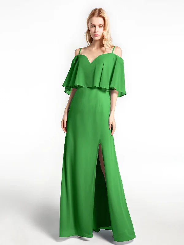 Ruffled Cold Shoulder Maxi Dress with Flounce Overlay Green Cozy Open-Back Maxi Dress