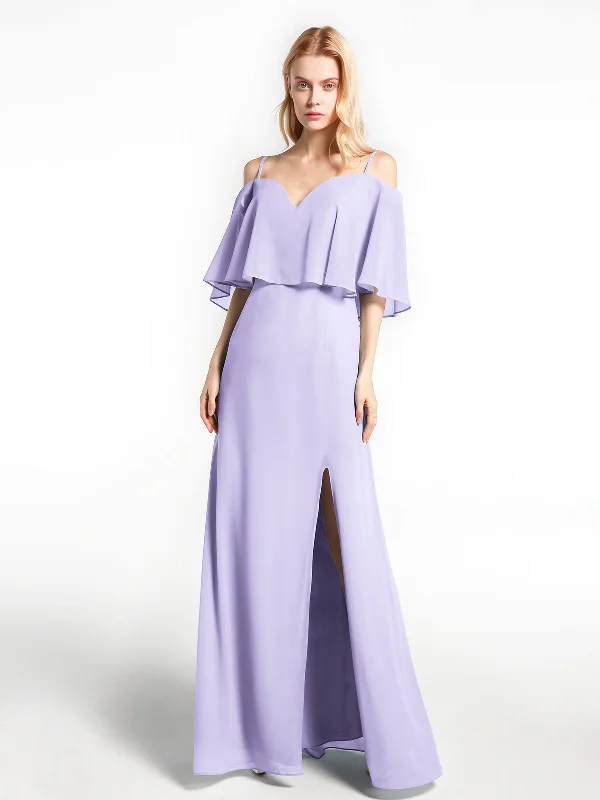 Ruffled Cold Shoulder Maxi Dress with Flounce Overlay Lilac Trendy Maxi Dress with Belt