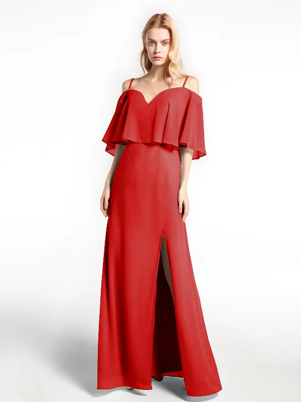 Ruffled Cold Shoulder Maxi Dress with Flounce Overlay Red Stylish Boho Chic Maxi Dress