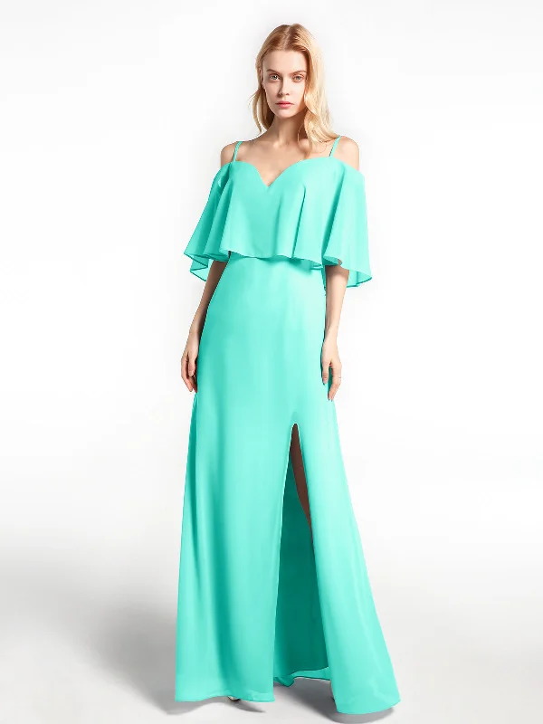 Ruffled Cold Shoulder Maxi Dress with Flounce Overlay Spa Cozy Spaghetti Strap Maxi Dress