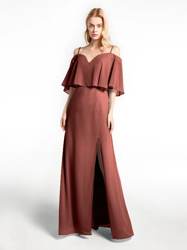 Ruffled Cold Shoulder Maxi Dress with Flounce Overlay Terracotta Trendy Button Front Maxi Dress