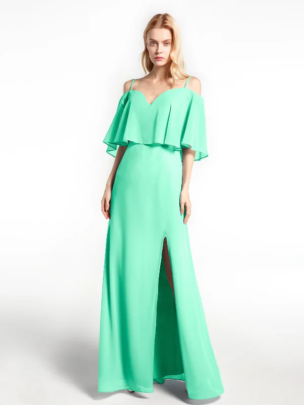 Ruffled Cold Shoulder Maxi Dress with Flounce Overlay Turquoise Chic Button-Up Maxi Dress