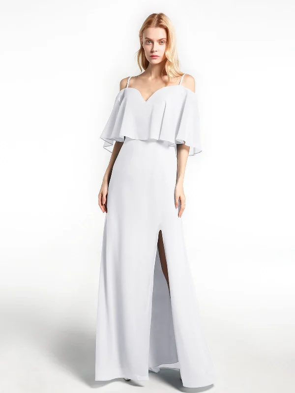 Ruffled Cold Shoulder Maxi Dress with Flounce Overlay White Cozy Cold-Shoulder Maxi Dress