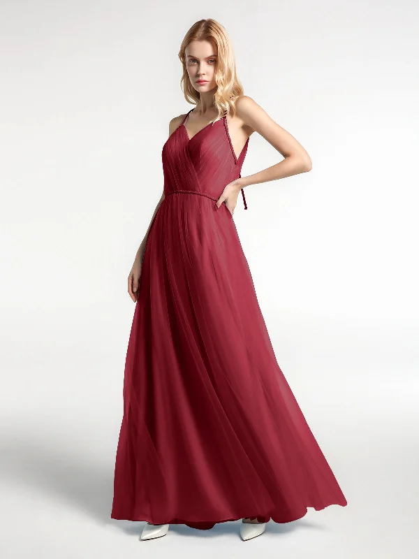 Twist Straps Tulle Maxi Dress with V Neckline Burgundy Elegant Tiered Maxi Dress