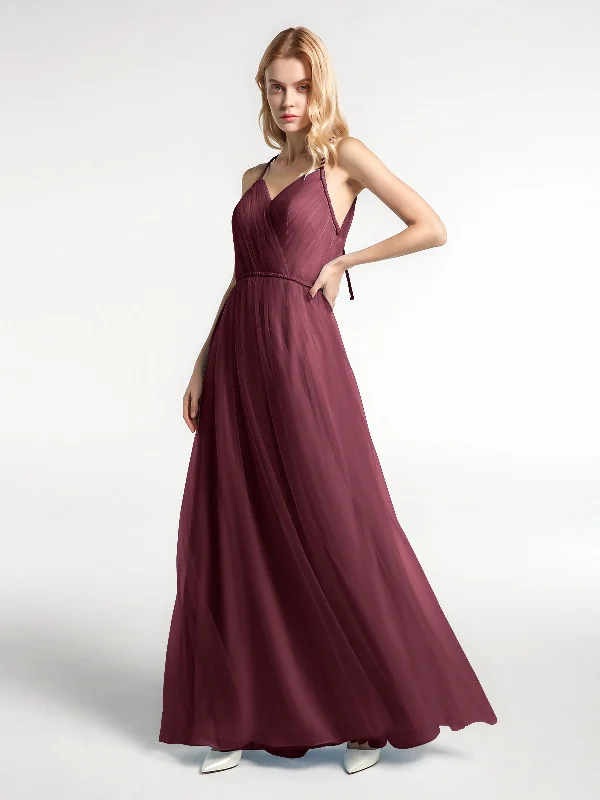 Twist Straps Tulle Maxi Dress with V Neckline Cabernet Fashionable Off-Shoulder Maxi Dress