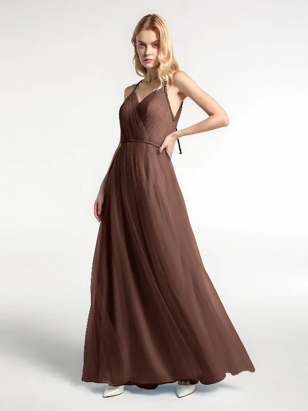 Twist Straps Tulle Maxi Dress with V Neckline Chocolate Stylish Empire Waist Maxi Dress