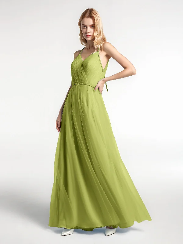 Twist Straps Tulle Maxi Dress with V Neckline Clover Cozy Open-Back Maxi Dress