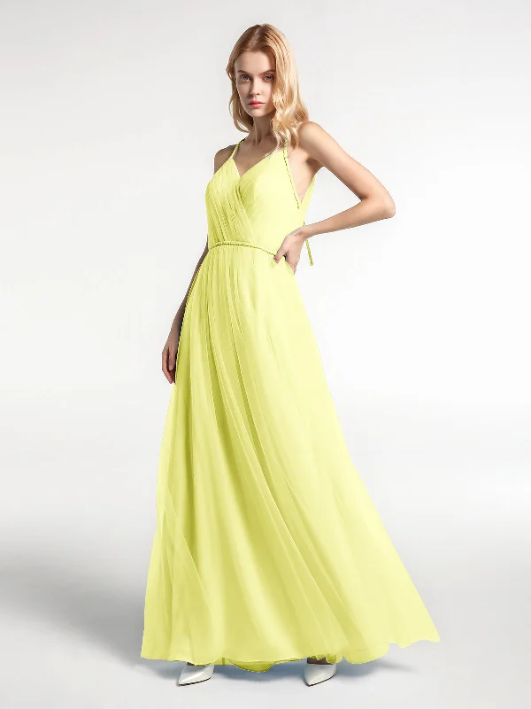 Twist Straps Tulle Maxi Dress with V Neckline Daffodil Fashionable Chiffon Maxi Dress