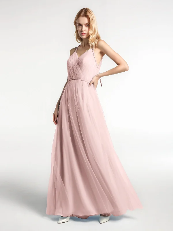 Twist Straps Tulle Maxi Dress with V Neckline Dusty Rose Stylish V-Neck Maxi Dress