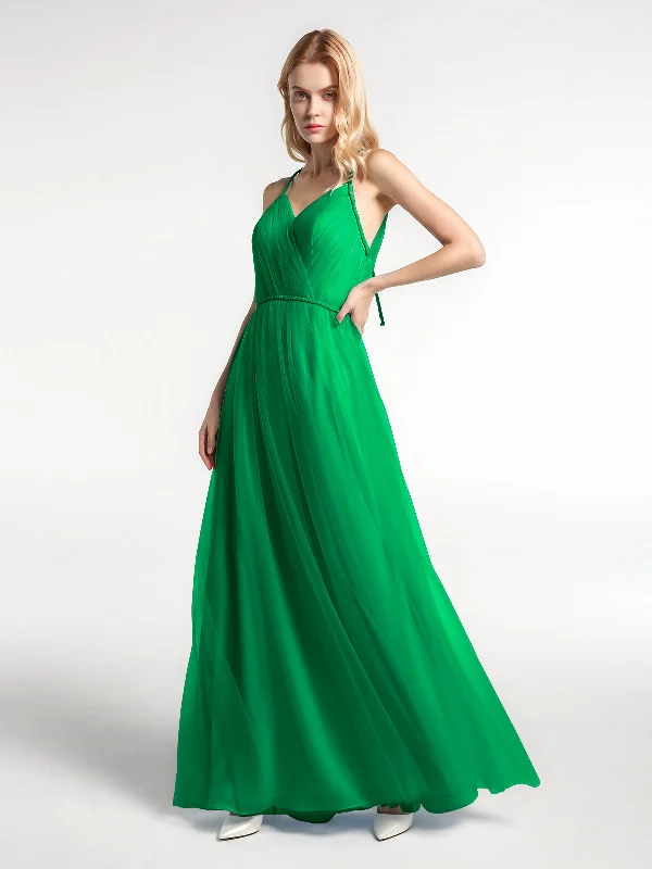 Twist Straps Tulle Maxi Dress with V Neckline Emerald Stylish Maxi Dress with Frills