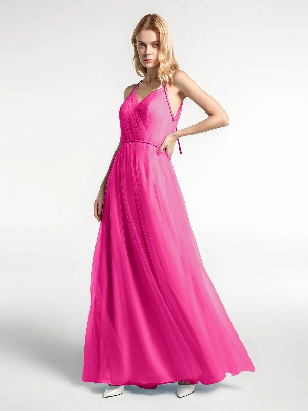 Twist Straps Tulle Maxi Dress with V Neckline Fuchsia Elegant Maxi Dress with Pockets