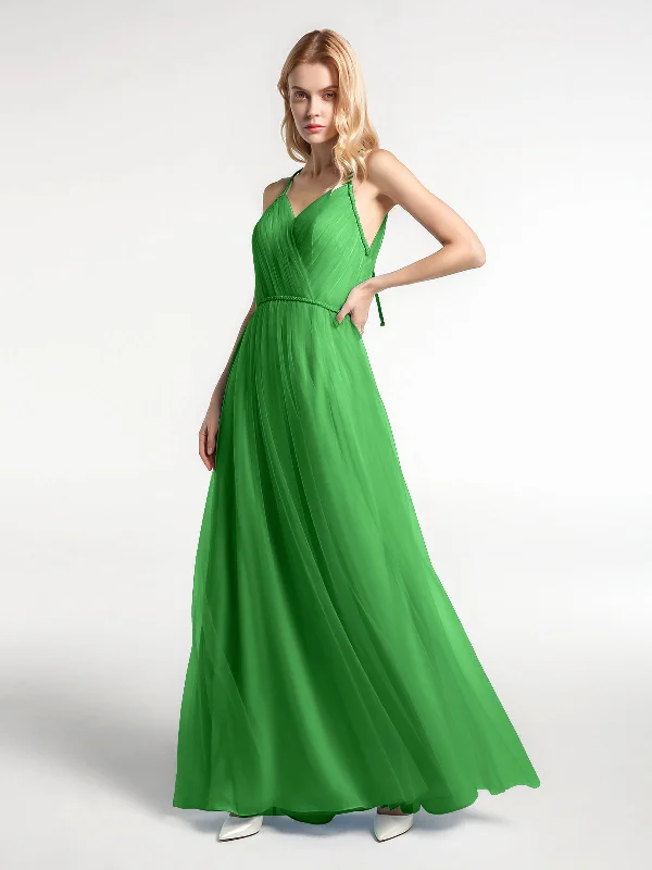 Twist Straps Tulle Maxi Dress with V Neckline Green Trendy Maxi Dress with Lace