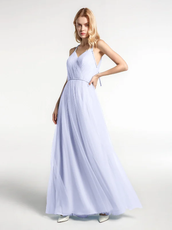 Twist Straps Tulle Maxi Dress with V Neckline Lavender Classic A-Line Maxi Dress