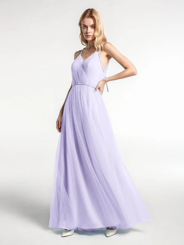 Twist Straps Tulle Maxi Dress with V Neckline Lilac Trendy V-Neck Maxi Dress