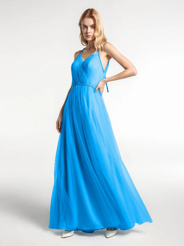 Twist Straps Tulle Maxi Dress with V Neckline Ocean Blue Fashionable High-Low Maxi Dress