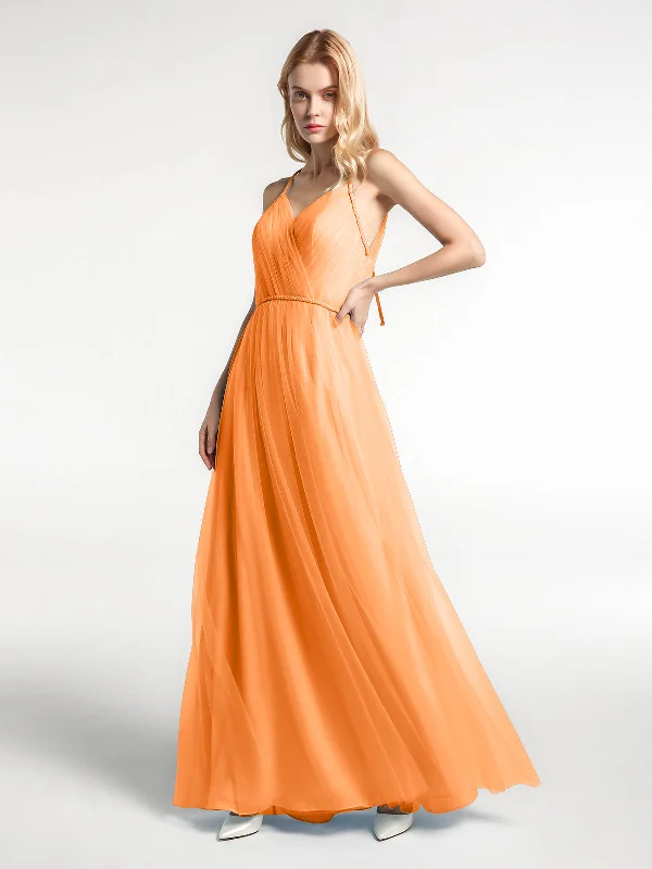 Twist Straps Tulle Maxi Dress with V Neckline Orange Cozy Wrap Maxi Dress