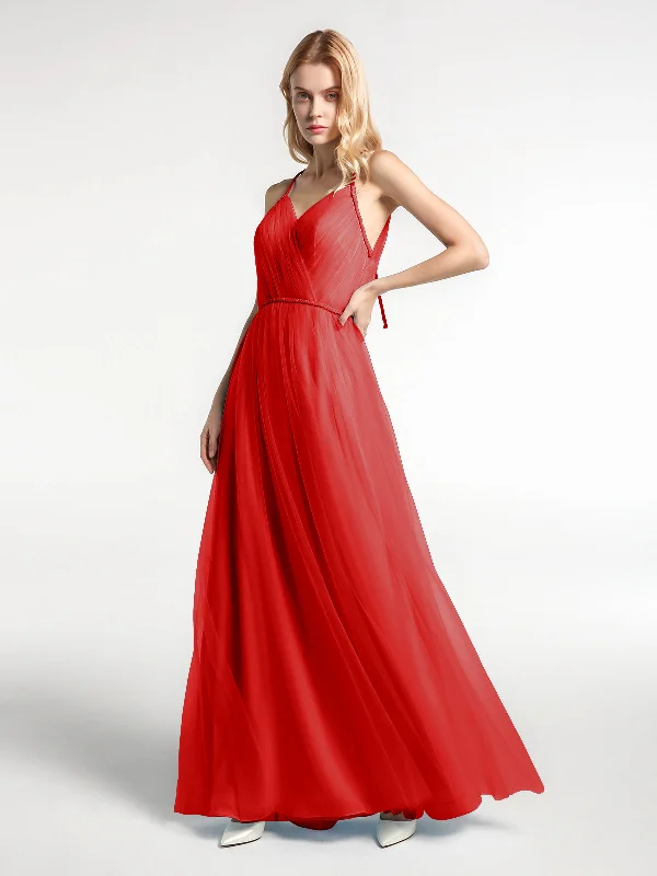 Twist Straps Tulle Maxi Dress with V Neckline Red Elegant Tiered Maxi Dress