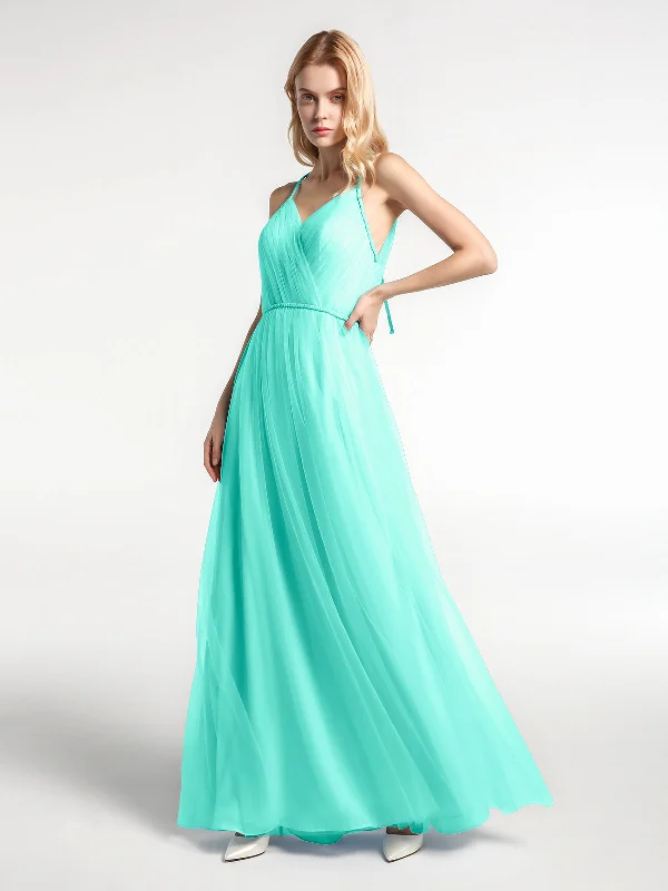 Twist Straps Tulle Maxi Dress with V Neckline Spa Fashionable Halter Neck Maxi Dress