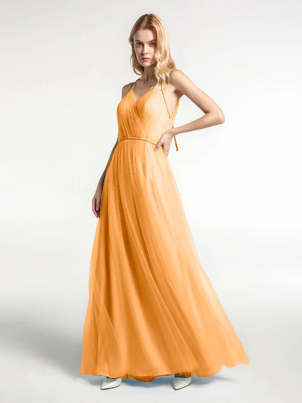 Twist Straps Tulle Maxi Dress with V Neckline Tangerine Trendy Fit-and-Flare Maxi Dress