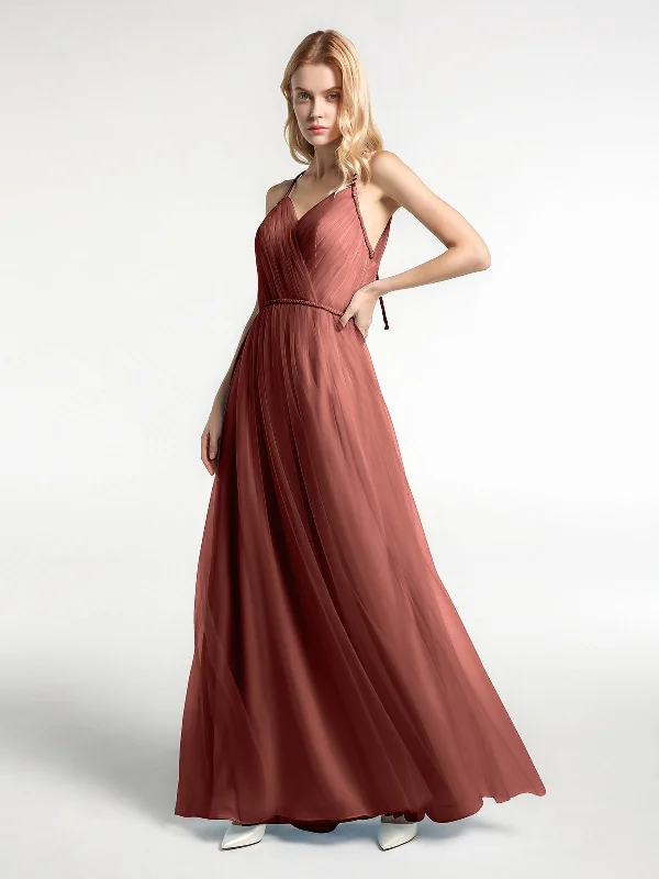 Twist Straps Tulle Maxi Dress with V Neckline Terracotta Trendy Ruffled Maxi Dress