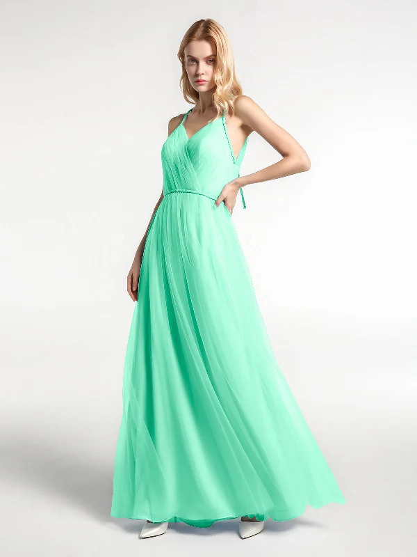 Twist Straps Tulle Maxi Dress with V Neckline Turquoise Stylish Maxi Dress with Frills